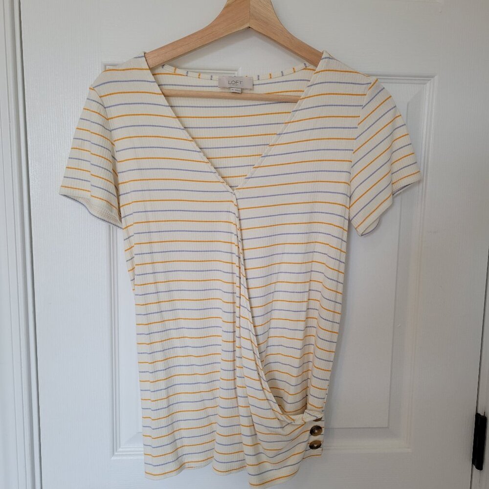LOFT Ribbed Wrap Tee Shirt Cream Yellow Blue size xs